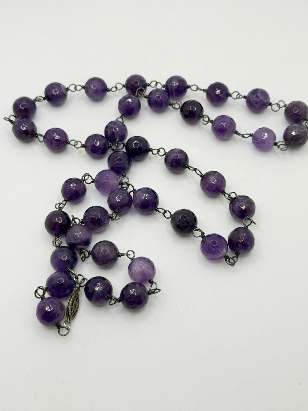 REVIVED 34" of 12mm faceted AMETHYST and gun metal tone hardware necklace!